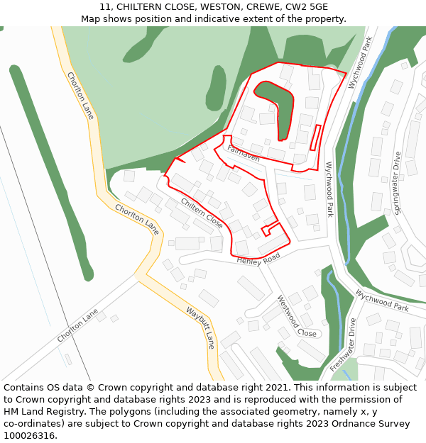 11, CHILTERN CLOSE, WESTON, CREWE, CW2 5GE: Location map and indicative extent of plot