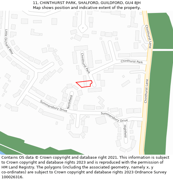 11, CHINTHURST PARK, SHALFORD, GUILDFORD, GU4 8JH: Location map and indicative extent of plot