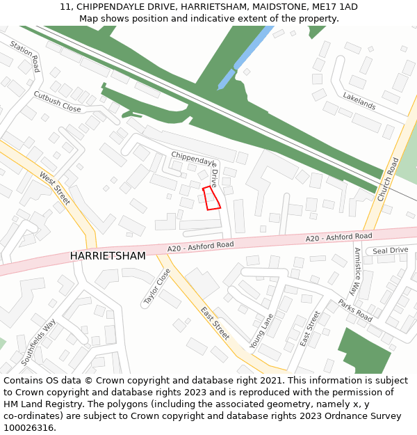 11, CHIPPENDAYLE DRIVE, HARRIETSHAM, MAIDSTONE, ME17 1AD: Location map and indicative extent of plot