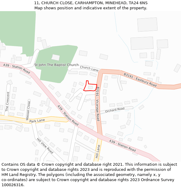 11, CHURCH CLOSE, CARHAMPTON, MINEHEAD, TA24 6NS: Location map and indicative extent of plot