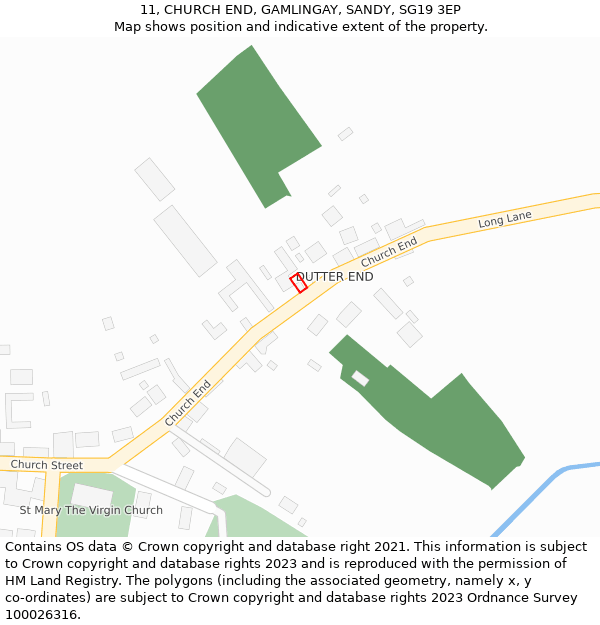 11, CHURCH END, GAMLINGAY, SANDY, SG19 3EP: Location map and indicative extent of plot