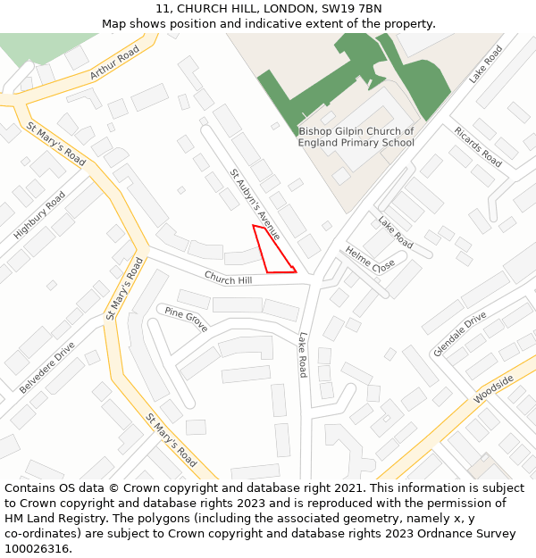 11, CHURCH HILL, LONDON, SW19 7BN: Location map and indicative extent of plot