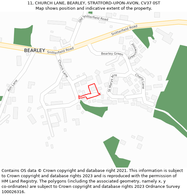 11, CHURCH LANE, BEARLEY, STRATFORD-UPON-AVON, CV37 0ST: Location map and indicative extent of plot