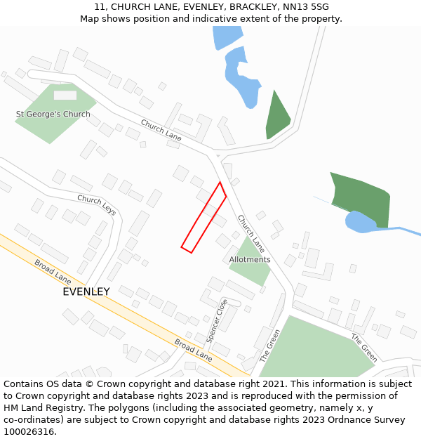 11, CHURCH LANE, EVENLEY, BRACKLEY, NN13 5SG: Location map and indicative extent of plot