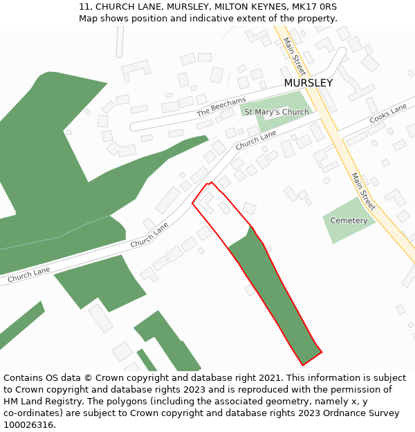 11, CHURCH LANE, MURSLEY, MILTON KEYNES, MK17 0RS: Location map and indicative extent of plot