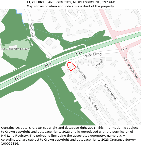 11, CHURCH LANE, ORMESBY, MIDDLESBROUGH, TS7 9AX: Location map and indicative extent of plot