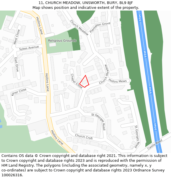 11, CHURCH MEADOW, UNSWORTH, BURY, BL9 8JF: Location map and indicative extent of plot