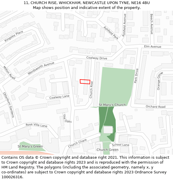 11, CHURCH RISE, WHICKHAM, NEWCASTLE UPON TYNE, NE16 4BU: Location map and indicative extent of plot