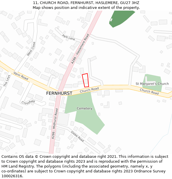 11, CHURCH ROAD, FERNHURST, HASLEMERE, GU27 3HZ: Location map and indicative extent of plot