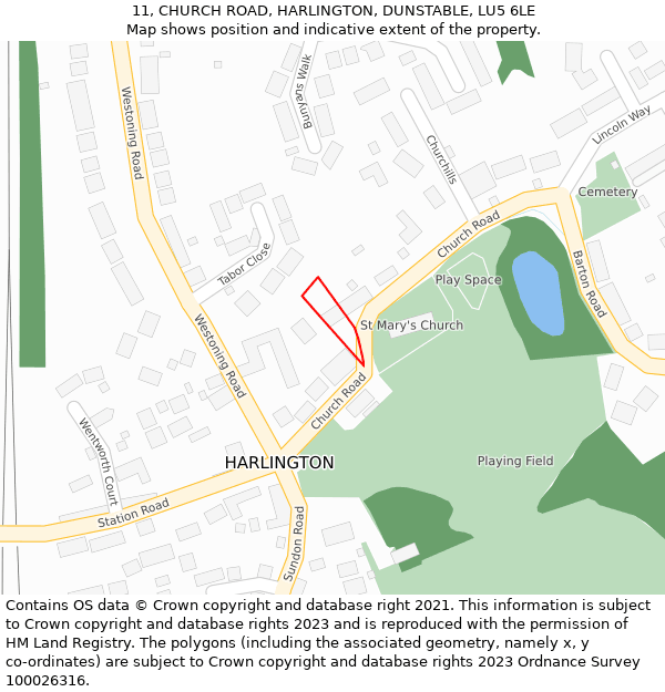 11, CHURCH ROAD, HARLINGTON, DUNSTABLE, LU5 6LE: Location map and indicative extent of plot