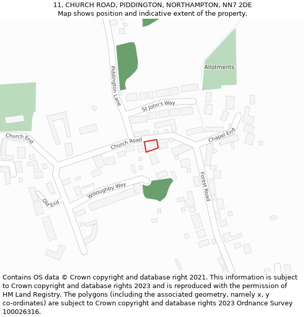 11, CHURCH ROAD, PIDDINGTON, NORTHAMPTON, NN7 2DE: Location map and indicative extent of plot