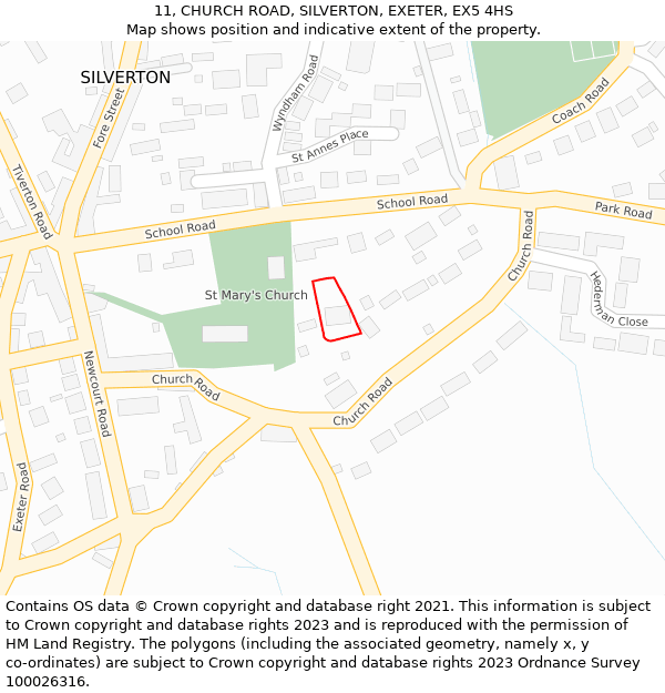 11, CHURCH ROAD, SILVERTON, EXETER, EX5 4HS: Location map and indicative extent of plot