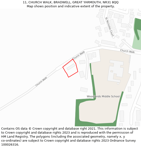 11, CHURCH WALK, BRADWELL, GREAT YARMOUTH, NR31 8QQ: Location map and indicative extent of plot