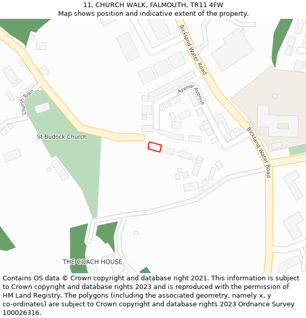 11, CHURCH WALK, FALMOUTH, TR11 4FW: Location map and indicative extent of plot
