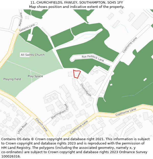 11, CHURCHFIELDS, FAWLEY, SOUTHAMPTON, SO45 1FY: Location map and indicative extent of plot