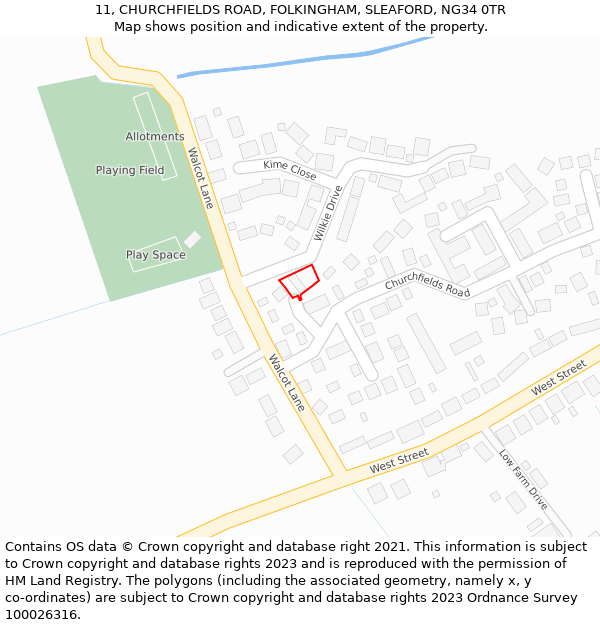 11, CHURCHFIELDS ROAD, FOLKINGHAM, SLEAFORD, NG34 0TR: Location map and indicative extent of plot