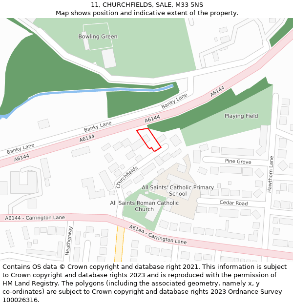 11, CHURCHFIELDS, SALE, M33 5NS: Location map and indicative extent of plot