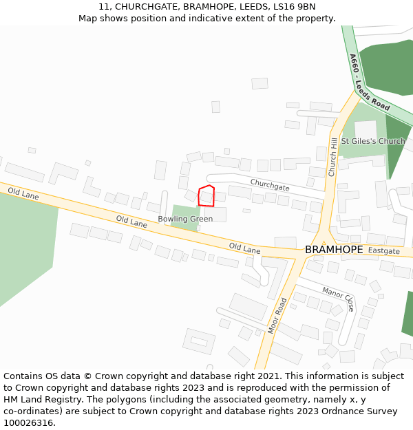 11, CHURCHGATE, BRAMHOPE, LEEDS, LS16 9BN: Location map and indicative extent of plot