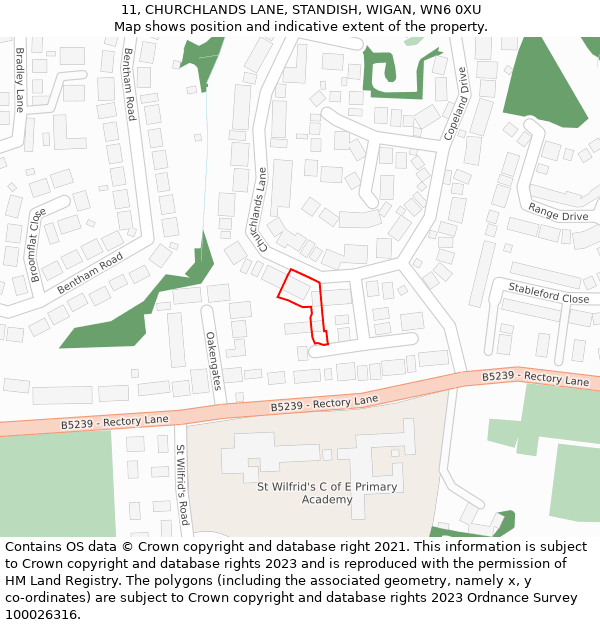 11, CHURCHLANDS LANE, STANDISH, WIGAN, WN6 0XU: Location map and indicative extent of plot