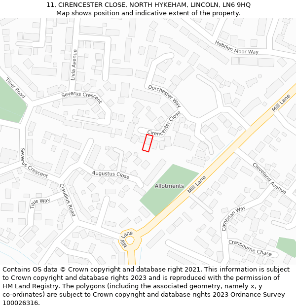 11, CIRENCESTER CLOSE, NORTH HYKEHAM, LINCOLN, LN6 9HQ: Location map and indicative extent of plot