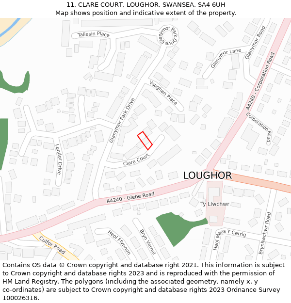 11, CLARE COURT, LOUGHOR, SWANSEA, SA4 6UH: Location map and indicative extent of plot