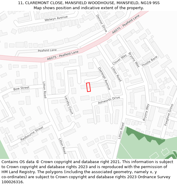 11, CLAREMONT CLOSE, MANSFIELD WOODHOUSE, MANSFIELD, NG19 9SS: Location map and indicative extent of plot