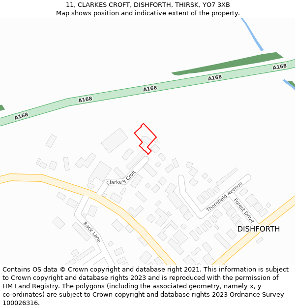 11, CLARKES CROFT, DISHFORTH, THIRSK, YO7 3XB: Location map and indicative extent of plot