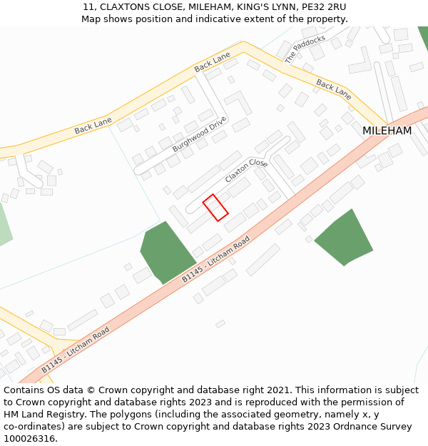 11, CLAXTONS CLOSE, MILEHAM, KING'S LYNN, PE32 2RU: Location map and indicative extent of plot