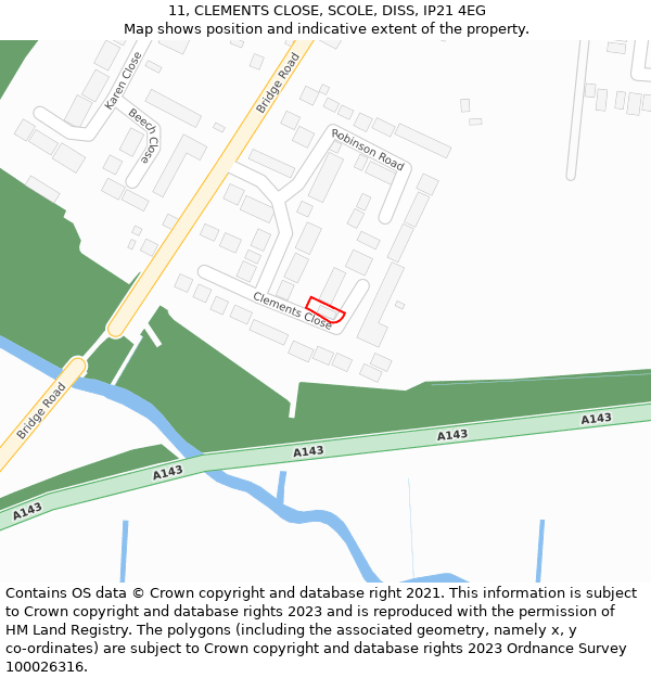 11, CLEMENTS CLOSE, SCOLE, DISS, IP21 4EG: Location map and indicative extent of plot