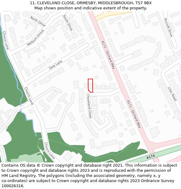 11, CLEVELAND CLOSE, ORMESBY, MIDDLESBROUGH, TS7 9BX: Location map and indicative extent of plot