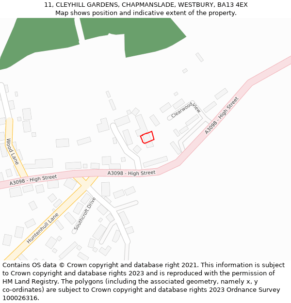 11, CLEYHILL GARDENS, CHAPMANSLADE, WESTBURY, BA13 4EX: Location map and indicative extent of plot