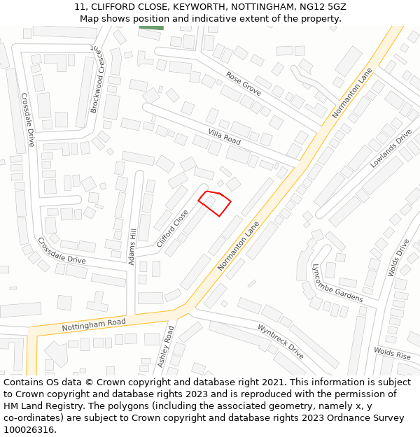 11, CLIFFORD CLOSE, KEYWORTH, NOTTINGHAM, NG12 5GZ: Location map and indicative extent of plot