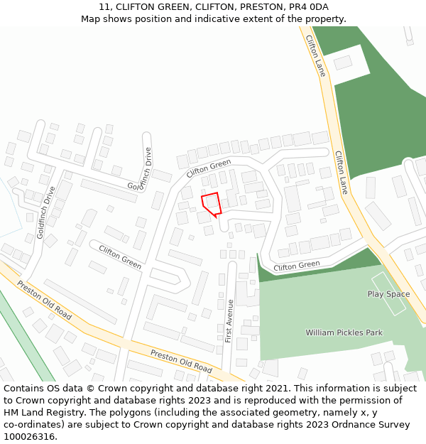 11, CLIFTON GREEN, CLIFTON, PRESTON, PR4 0DA: Location map and indicative extent of plot