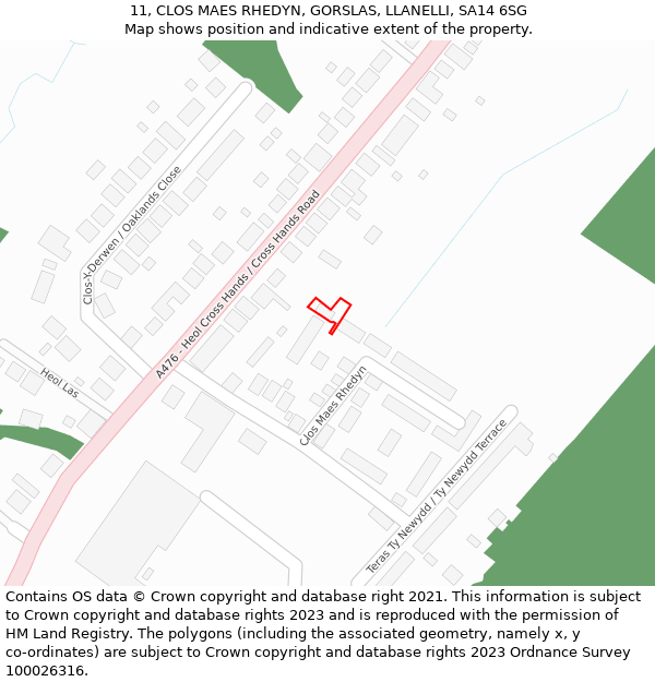 11, CLOS MAES RHEDYN, GORSLAS, LLANELLI, SA14 6SG: Location map and indicative extent of plot