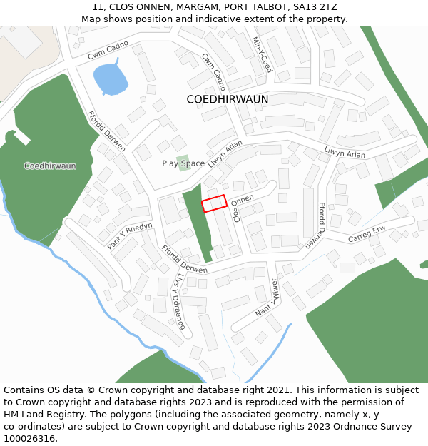 11, CLOS ONNEN, MARGAM, PORT TALBOT, SA13 2TZ: Location map and indicative extent of plot