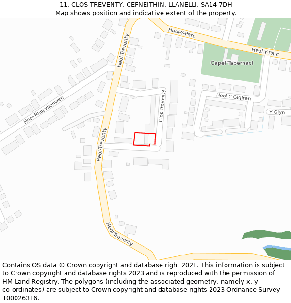 11, CLOS TREVENTY, CEFNEITHIN, LLANELLI, SA14 7DH: Location map and indicative extent of plot