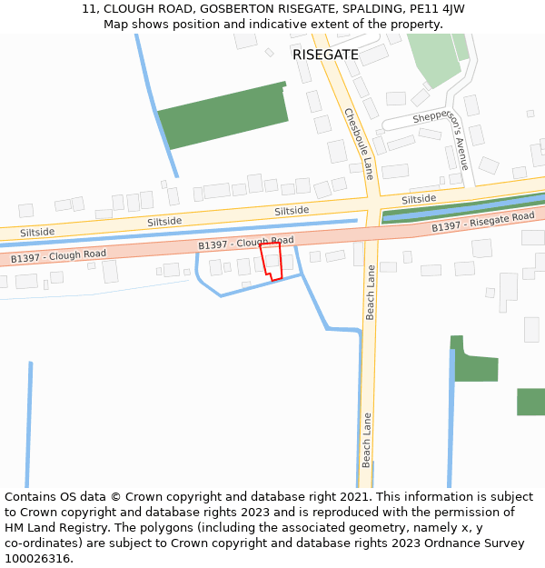 11, CLOUGH ROAD, GOSBERTON RISEGATE, SPALDING, PE11 4JW: Location map and indicative extent of plot