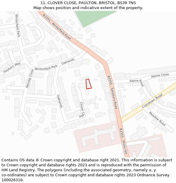 11, CLOVER CLOSE, PAULTON, BRISTOL, BS39 7NS: Location map and indicative extent of plot