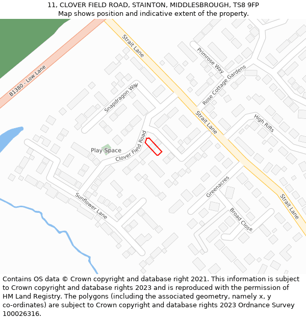 11, CLOVER FIELD ROAD, STAINTON, MIDDLESBROUGH, TS8 9FP: Location map and indicative extent of plot