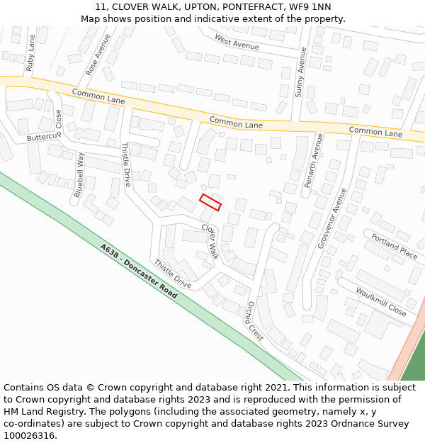 11, CLOVER WALK, UPTON, PONTEFRACT, WF9 1NN: Location map and indicative extent of plot