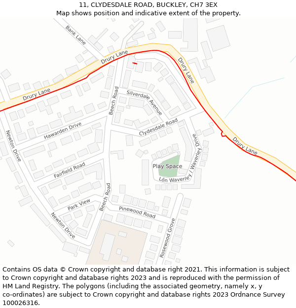 11, CLYDESDALE ROAD, BUCKLEY, CH7 3EX: Location map and indicative extent of plot