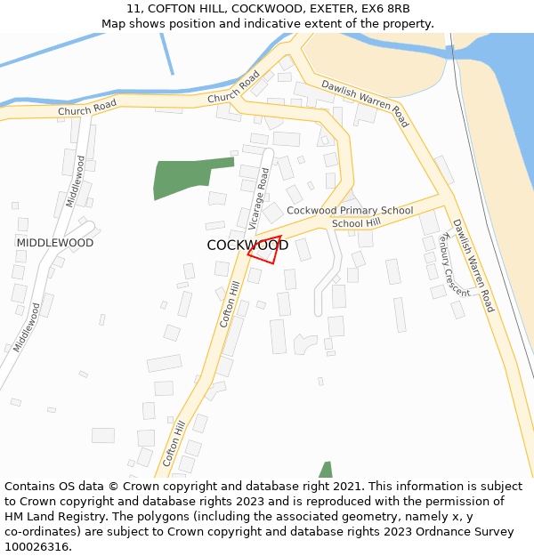 11, COFTON HILL, COCKWOOD, EXETER, EX6 8RB: Location map and indicative extent of plot