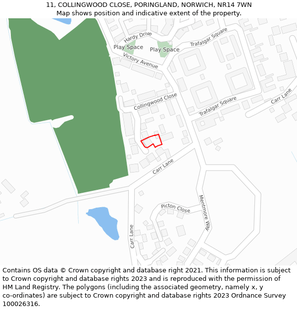 11, COLLINGWOOD CLOSE, PORINGLAND, NORWICH, NR14 7WN: Location map and indicative extent of plot