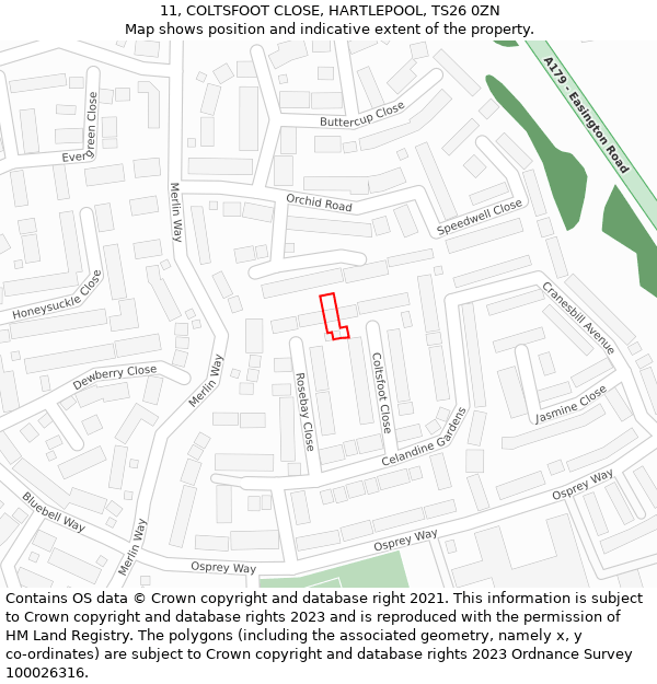 11, COLTSFOOT CLOSE, HARTLEPOOL, TS26 0ZN: Location map and indicative extent of plot