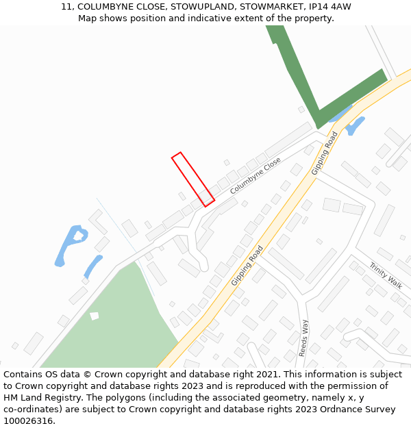 11, COLUMBYNE CLOSE, STOWUPLAND, STOWMARKET, IP14 4AW: Location map and indicative extent of plot