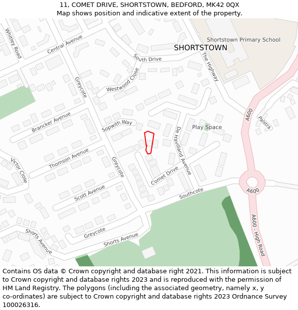 11, COMET DRIVE, SHORTSTOWN, BEDFORD, MK42 0QX: Location map and indicative extent of plot