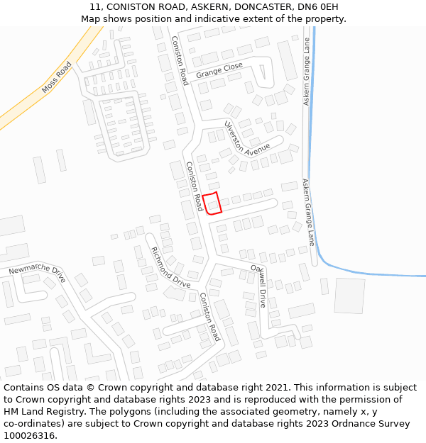 11, CONISTON ROAD, ASKERN, DONCASTER, DN6 0EH: Location map and indicative extent of plot