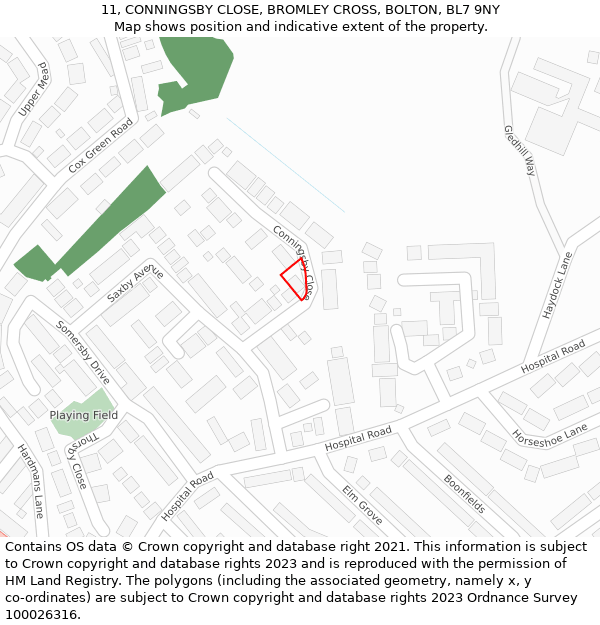 11, CONNINGSBY CLOSE, BROMLEY CROSS, BOLTON, BL7 9NY: Location map and indicative extent of plot