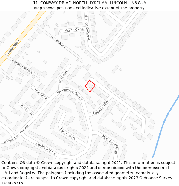 11, CONWAY DRIVE, NORTH HYKEHAM, LINCOLN, LN6 8UA: Location map and indicative extent of plot