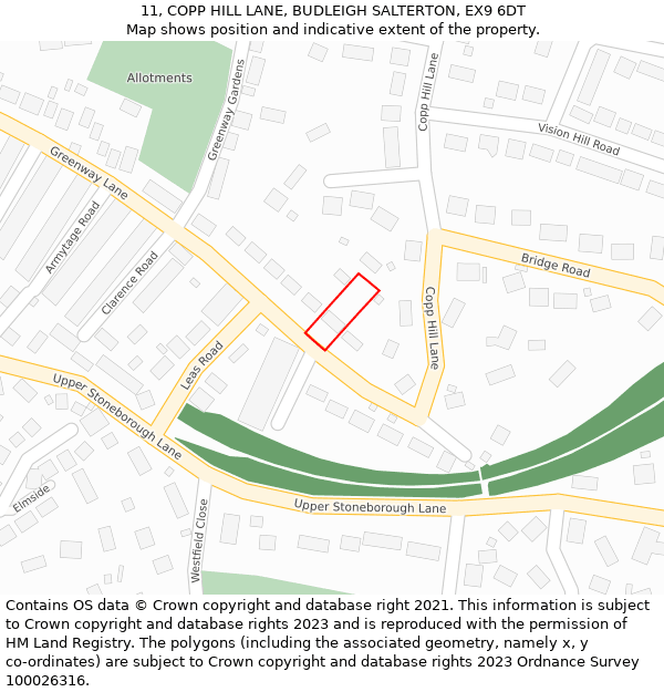 11, COPP HILL LANE, BUDLEIGH SALTERTON, EX9 6DT: Location map and indicative extent of plot